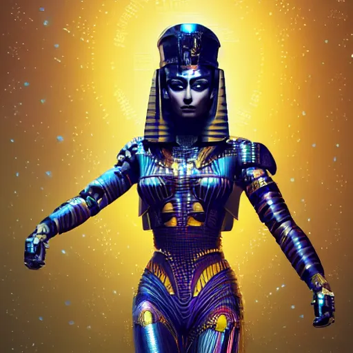 Image similar to half body portrait of the muscular Egyptian Android Pharaoh Queen, by DC comics and Sandra Chevrier and beeple, artstation, volumetric lighting and fog, hyperrealism, hyper detailed futuristic royalty, award winning costume design, cybernetic bionic ancient cyborg, fashion show runway, futuristic fine textures, woven with electricity, high fashion superpowers, floating dust particles, bokeh, mystic haze, 4k UHD, HDR