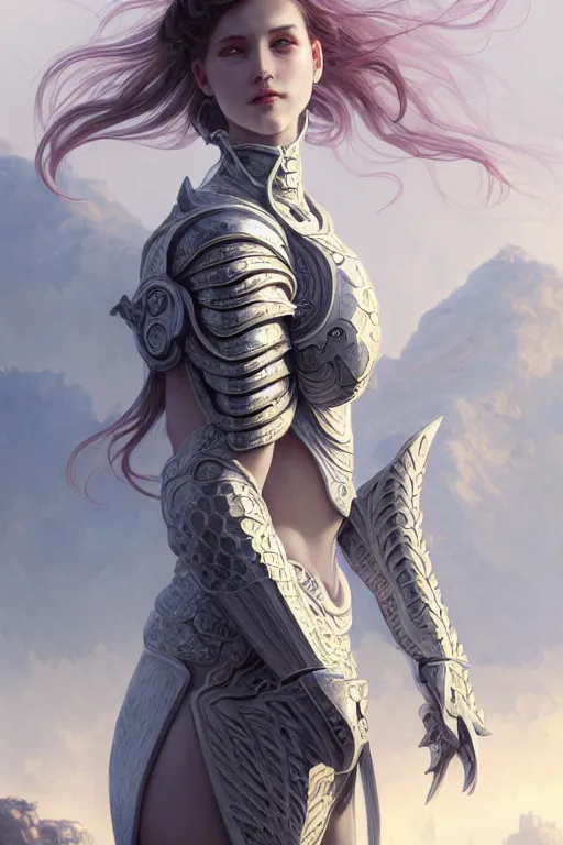 Prompt: portrait young knights of Zodiac girl, matt white color armor, in ruined Agora of Athens Sunrise, ssci-fi and fantasy, intricate and very beautiful and elegant, highly detailed, digital painting, artstation, concept art, smooth and sharp focus, illustration, art by tian zi and WLOP and alphonse mucha