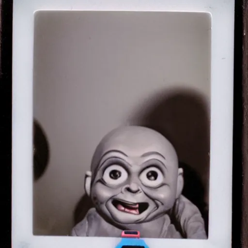 Image similar to old polaroid photo of first contact with the screaming chucky doll