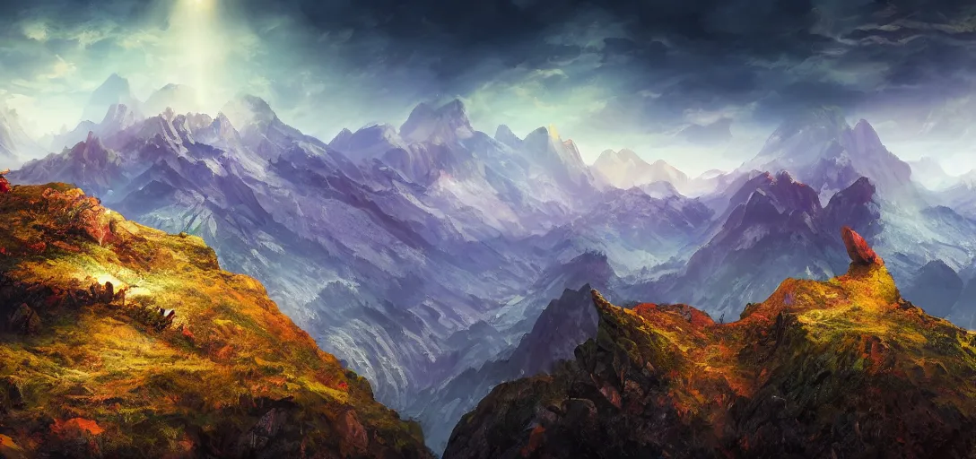 Image similar to vast mountain landscape, craggy, mountains, magic the gathering, three - colors, three - color color palette, panoramic, wide angle, horizon, 4 k resolution,