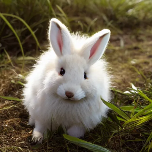 Image similar to a photorealistic adorable chubby fennic fox rabbit hybrid, wearing bows on its fuzzy ears, with a mischievous grin, happy lighting, at a tropical beach