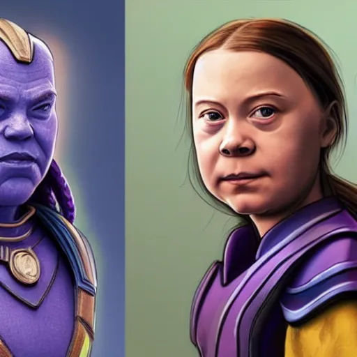 Image similar to Greta Thunberg as Thanos from Avengers: Endgame, intricate, highly detailed, concept art, smooth, sharp focus