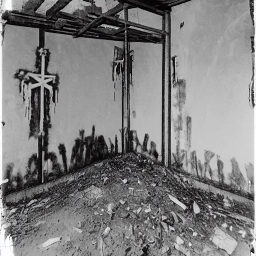 Image similar to creepy abandoned occult sacrifice site in building, crosses hanging on walls, handprints on floor, real Polaroid photo