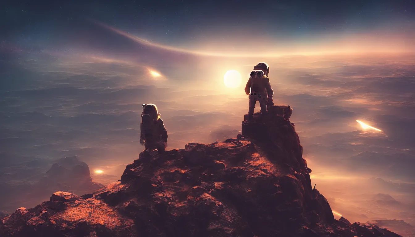 Prompt: lone cyberpunk astronaut sat on top of a mountain looking at the horizon of a unknown planet, close shot, sunset, cinematic, epic, dark scenario, 8k, award winning,