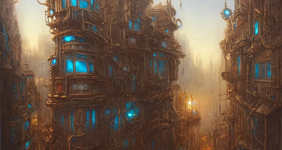 Image similar to landscape painting of fantasy metal steampunk city that has a light blue glow with walkways and lit windows and you can very clearly see a fine detailed hooded thief in browns leathers climbing one of the tall buildings using a rope, fine details, magali villeneuve, artgerm, rutkowski