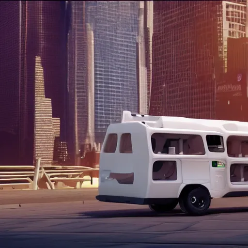 Image similar to a promotional movie still of a futuristic hovering food truck. the truck is next to a tall building. fifth element ( 1 9 9 7 ), unreal engine 5, octane 3 d, render, imax 7 0 mm