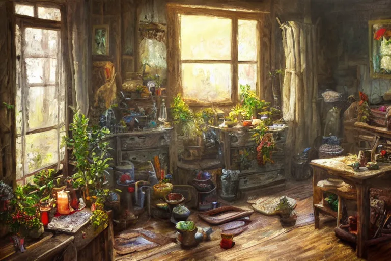 Image similar to expressive rustic oil painting, interior view of a cluttered herbalist cottage, waxy candles, wood furnishings, herbs hanging, light bloom, dust, ambient occlusion, rays of light coming through windows, dim lighting, brush strokes oil painting