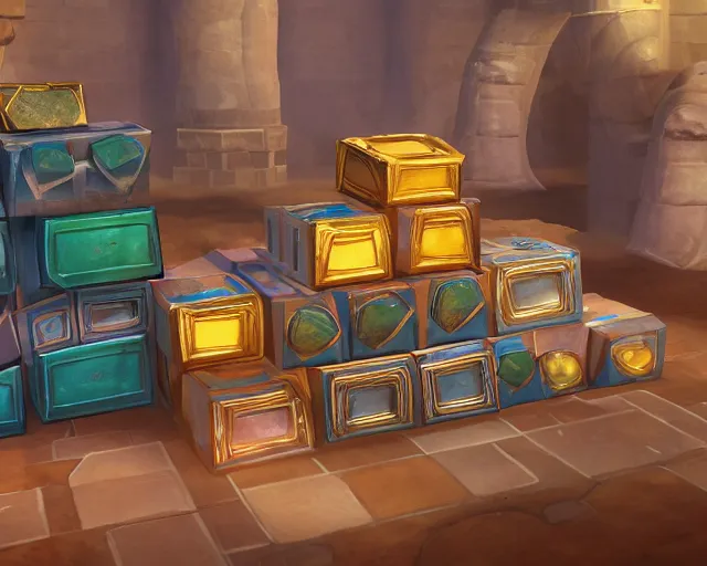 Prompt: screenshot of a chest full of ingots and gems and precious in a ps 5 videogame, concept art, architecture design, pyramids style, rtx, nvidia, renderer, stunning graphics