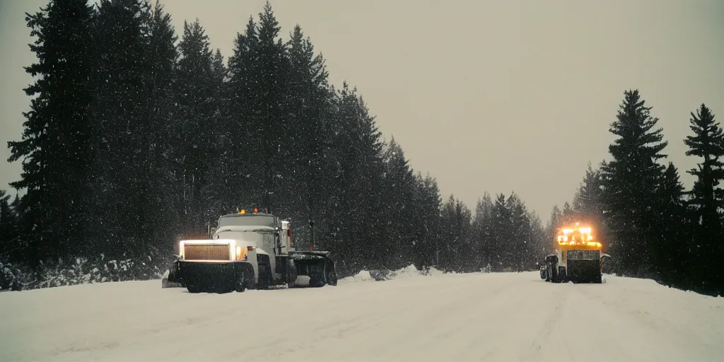 Image similar to photo, big snow plow truck is in the distance with a bright headlighta. cold color temperature, snow storm. hazy atmosphere. humidity haze. kodak ektachrome, greenish expired film, award winning, low contrast,