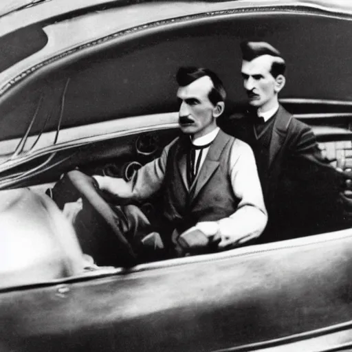 Image similar to professional colored photograph of Nikola Tesla driving a Tesla car, 8k, cinematic,