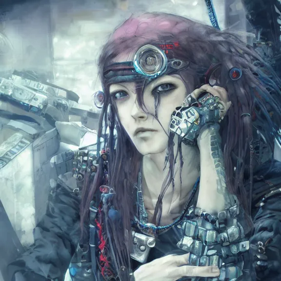 Image similar to cybergoth, tankoban, 4 k, tone mapping, akihiko yoshida, james jean andrei riabovitchev marc simonetti, yoshitaka amano, long hair, curly, h. hydrochaeri