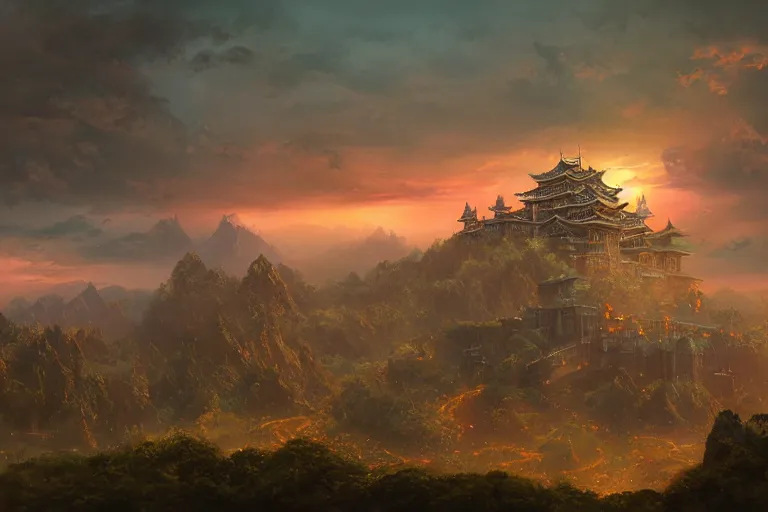 Image similar to cinematic lighting fantasy painting, an ancient land, sunset and ominous shadows over the kingdom, valleys and farmland and villages, brutalist shiro himeji rivendell palace, garden of eden by jessica rossier