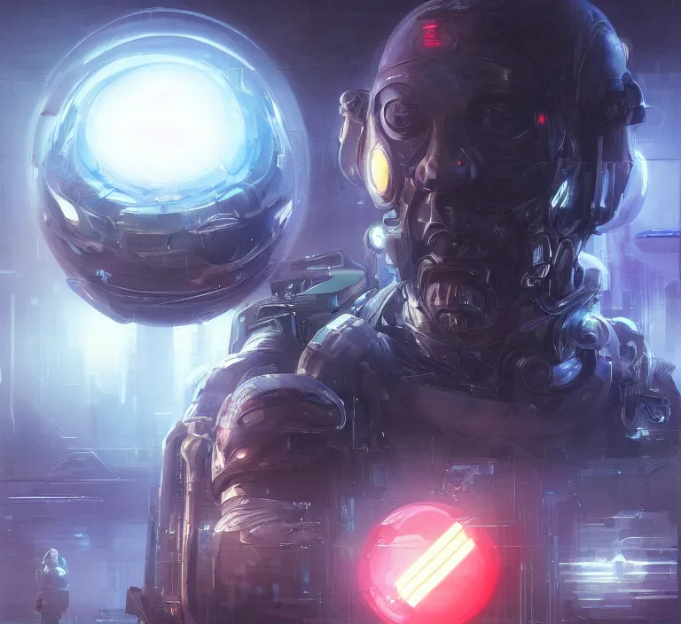 Prompt: portrait sci-fi art by Ruan Jia and Raymon Swanland, a glowing alien neon glass orb floating above the hand of a soldier, solar flares, detailed and intricate futuristic environment, cyberpunk, neon color bioluminescence, transparent reflective metal, dramatic lighting, cinematic, high technology, highly detailed portrait, digital painting, artstation, concept art, smooth, sharp focus, illustration, Artstation HQ