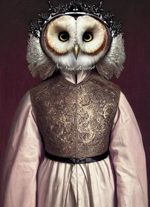 Image similar to close-up portrait of anthropomorphic owl Prince, man with a head of barn owl, glowing eyes, in a crown, wearing long royal robe, lilac, silver, black, bokeh, blurred space, stars, dreamy, romantic, painting in the museum, highly detailed, sharp focus, digital painting, artwork, by John James Audubon by Victor Adame Minguez by Yuumei by Tom Lovell by Sandro Botticelli