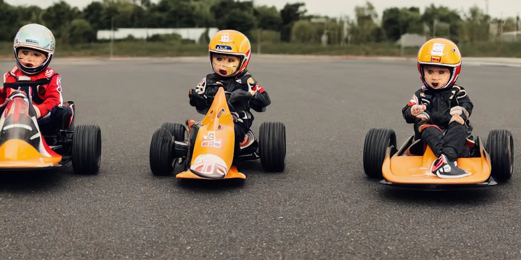 Image similar to photos of toddlers dressed as formula one drivers at a go - kart race, in the style of national geographic, soft focus, golden hour