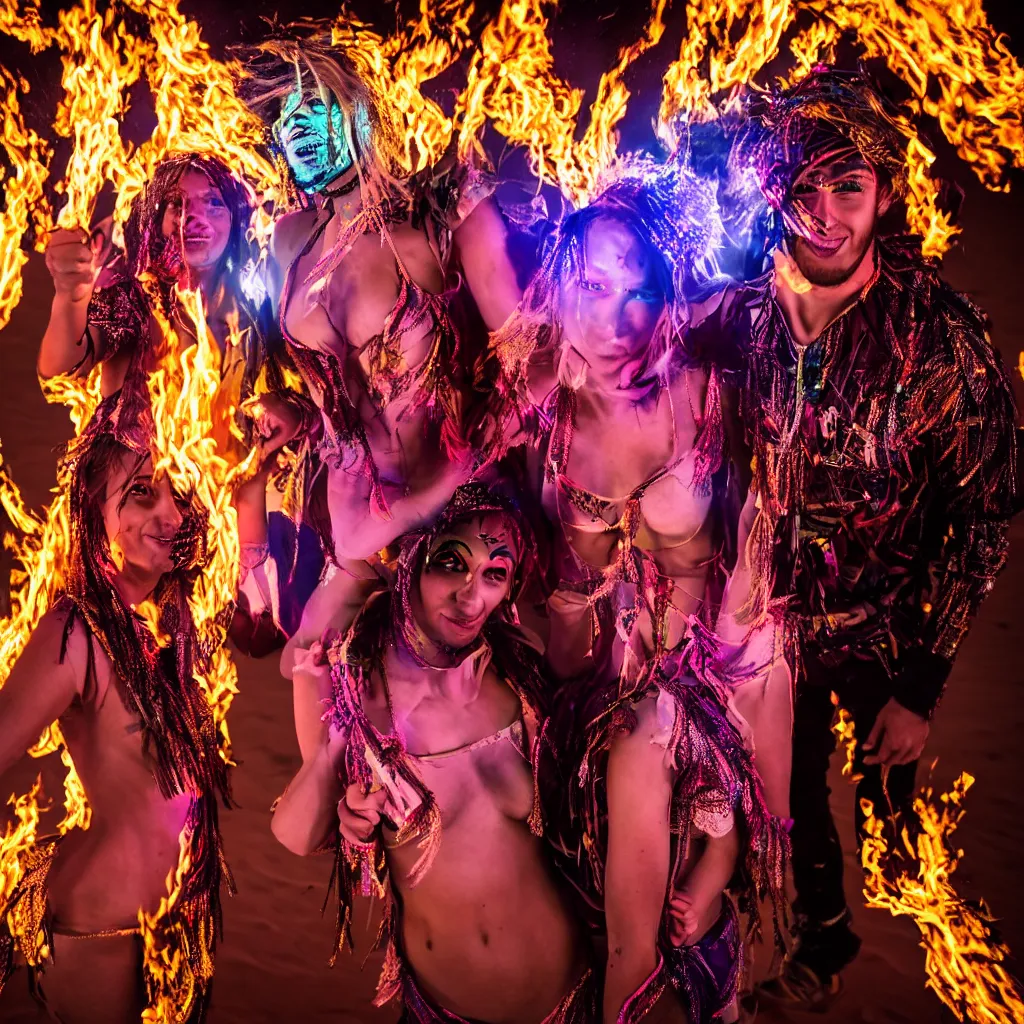 Prompt: portrait of two ravers in friendly costumes with detailed faces, dancing around a fire, photorealistic, dancefloor kismet, diverse costumes, clean composition, desert transition area, bonfire, night, australian desert, zaha hadid, xf iq 4, symmetry, sony a 7 r, 1 5 0 mp, 5 0 mm