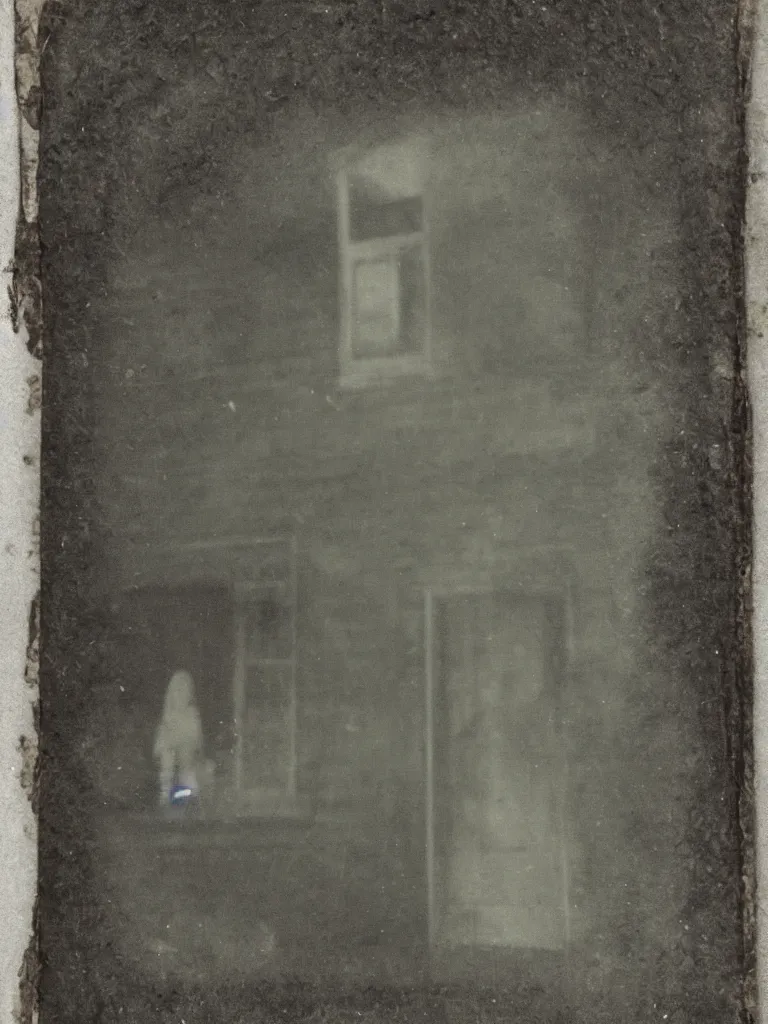 Image similar to a tintype photograph. the face of a ghost in the window of a house, next to the front door