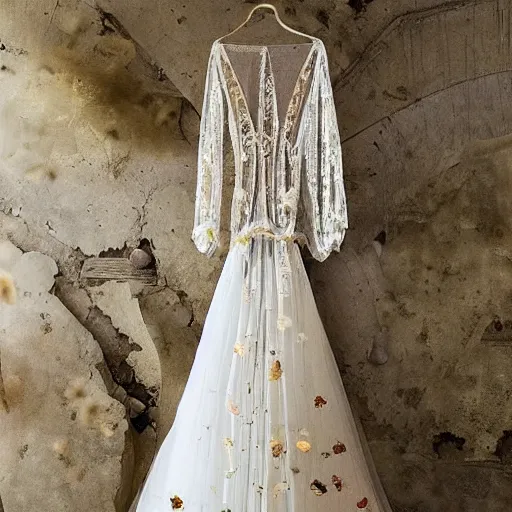 Image similar to a long wedding dress with a train made of flower petals made of light - colored fabric. transparent in places. in places, patterns of precious stones. intricate patterns of gold thin threads. fantasy. clear details