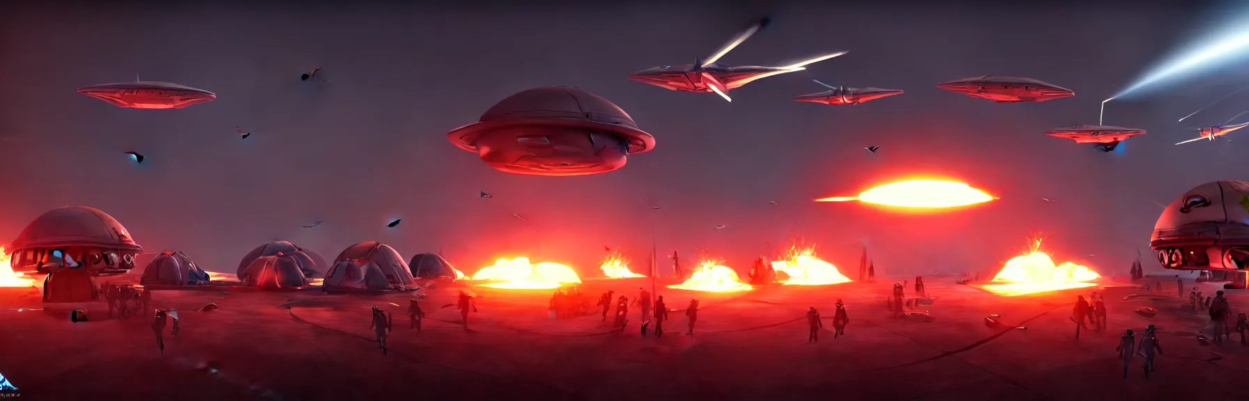Image similar to sci - fi high tech tents are on fire. mighty futuristic zeppelins hover in the sky above you, cruise missile strikes, a little further away, a camp is bombarded from the air, intricate and epic concept art, highly detailed, 8 k, cinematic ; artstation, unreal engine 5