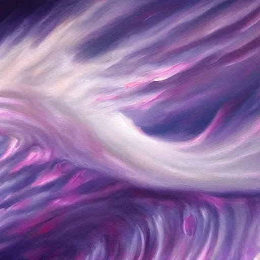 Prompt: a detailed oil painting of a purple tornado descending from the clouds in the ocean. the color of the tornado is purple, and its really realistic