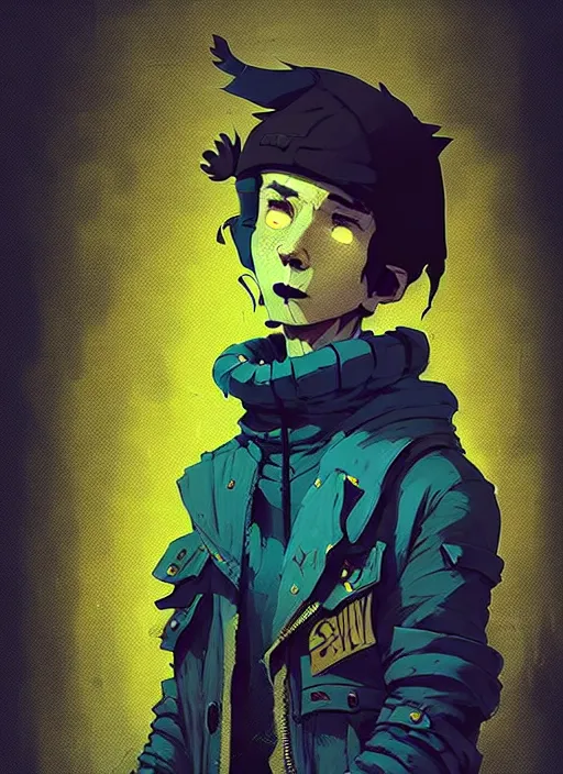 Image similar to highly detailed portrait of a sewer punk young man by atey ghailan, james gilleard, by joe fenton, by greg rutkowski, by greg tocchini, by kaethe butcher, 4 k resolution, gradient yellow, black, brown and cyan color scheme, grunge aesthetic!!! ( ( dystopian graffiti tag wall in background ) )