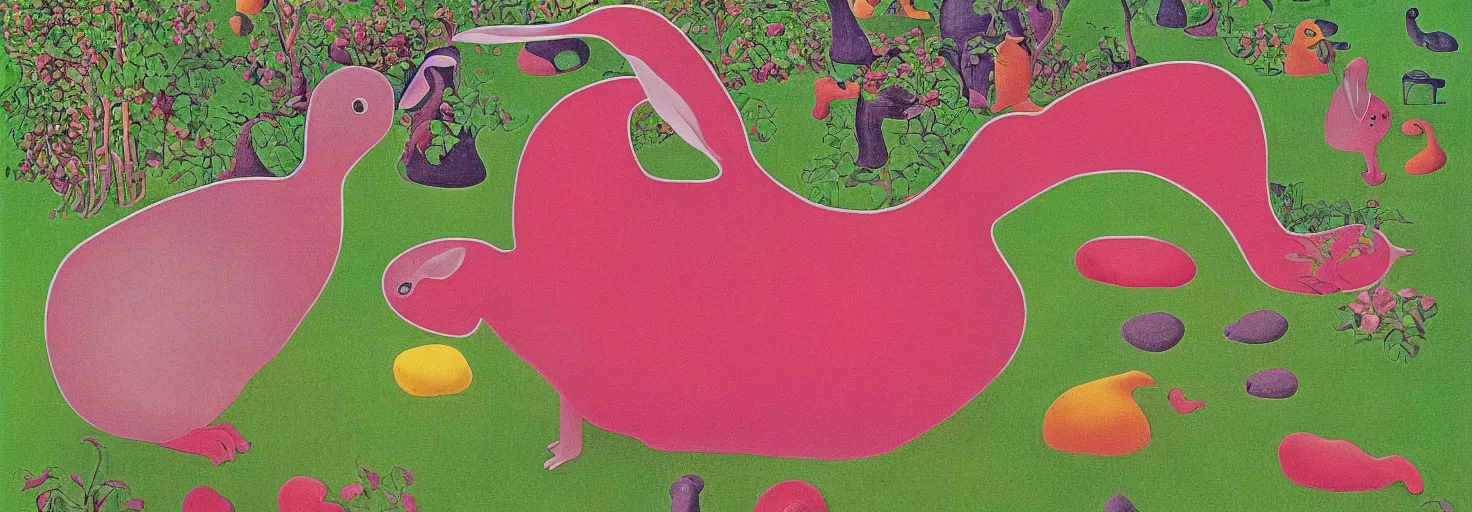 Prompt: a garden filled rabbit shape pink rock, by m. c. escher, yellow, green, red, snowy, ultra sharp, ultra detailed, happy, uplifting, colorized by salvador dali