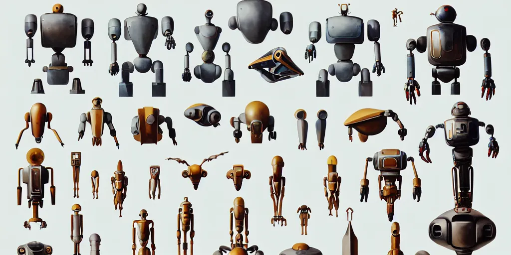 Image similar to collection of exploration of form and shapes, moebius, robot arms, props, hard surface, panel, simon stalenhag, kitbash, items, gadget, big medium small, close up, robots, futuristic, parts, machinery, greebles, insanely detailed, case, hardware, golden ratio, wes anderson color scheme, in watercolor gouache detailed paintings, sleek design