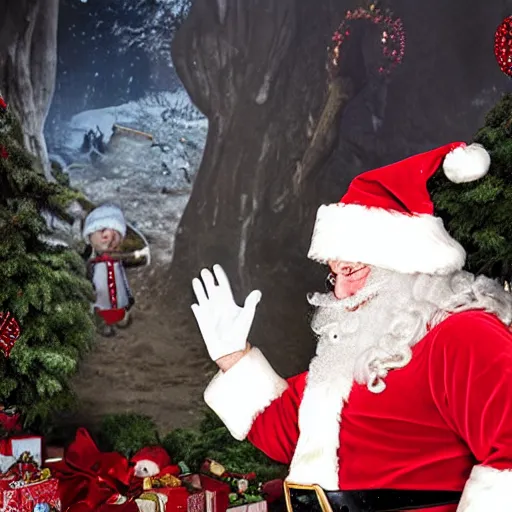 Prompt: UHD candid photo of Santa in front of a hole in the ground filled with dead elves, with accurate face, UHD, photorealistic, correct face, photo by Annie Leibovitz