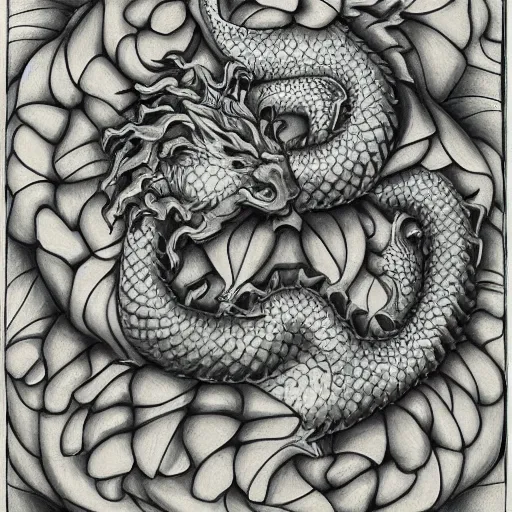 Image similar to green dragon surrounded by tessellation of roses, by mc escher