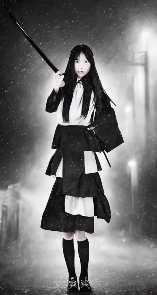 Image similar to sukebon delinquent girl holding a samurai sword threateningly, stubborn facial expression, full body shot, schoolgirl uniform with a very long skirt, professional photography, foggy night on a neon japanese city street