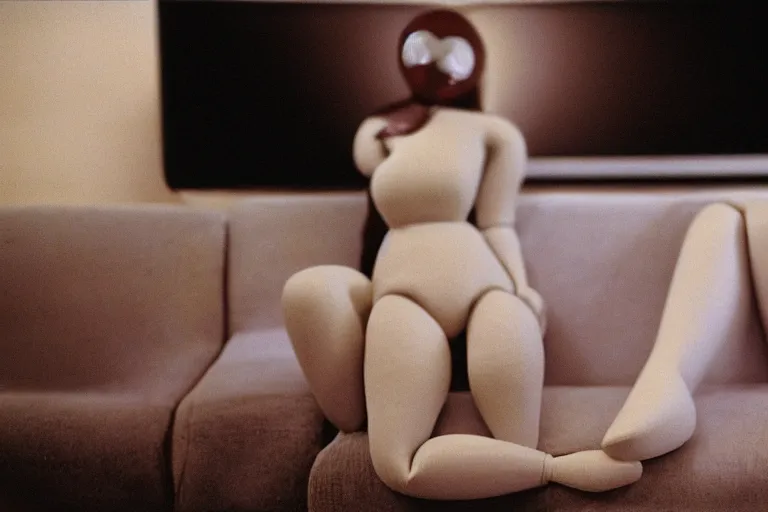 Image similar to an extremely realistic life-sized blow-up doll made of porcelain, model sitting on a deep blue couch, from 1985, bathed in the glow of a television, low-light photograph