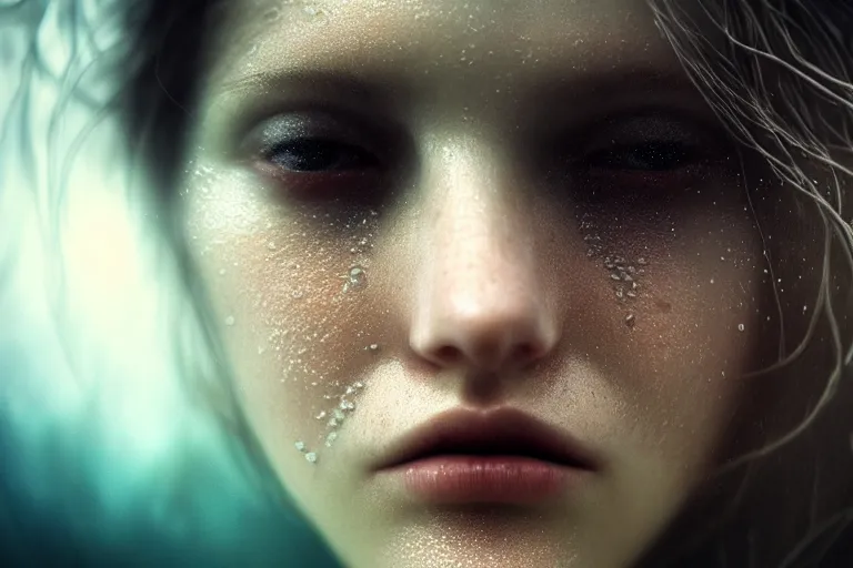 Prompt: an ultra realistic, cinematic, fantasy, portrait, of a beautiful woman, face in water, dramatic, soft light, dreamy, facial features, in the ocean, detailed, deep focus, movie still, dramatic lighting, ray tracing, by michal karcz and yoshitaka amano