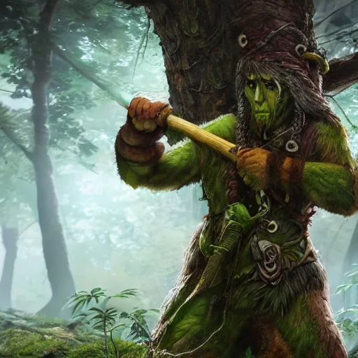 Prompt: Tree Druid, in the forest, wielding a tree axe, battle pose, dungeons and dragons, masterpiece, 4k, digital art, unreal engine, high quality render, trending on artstation