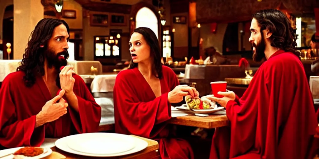 Image similar to jesus christ in a robe and red scarf, in a restaurant, on a date with a beautiful woman, yelling at a young blonde haired waiter