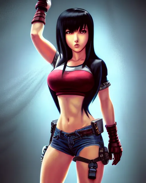 Prompt: an epic comic book style full body portrait painting of tifa lockheart, character design by Mark Ryden and Pixar and Hayao Miyazaki, unreal 5, DAZ, hyperrealistic, octane render, RPG portrait, dynamic lighting, intricate detail, summer vibrancy, cinematic