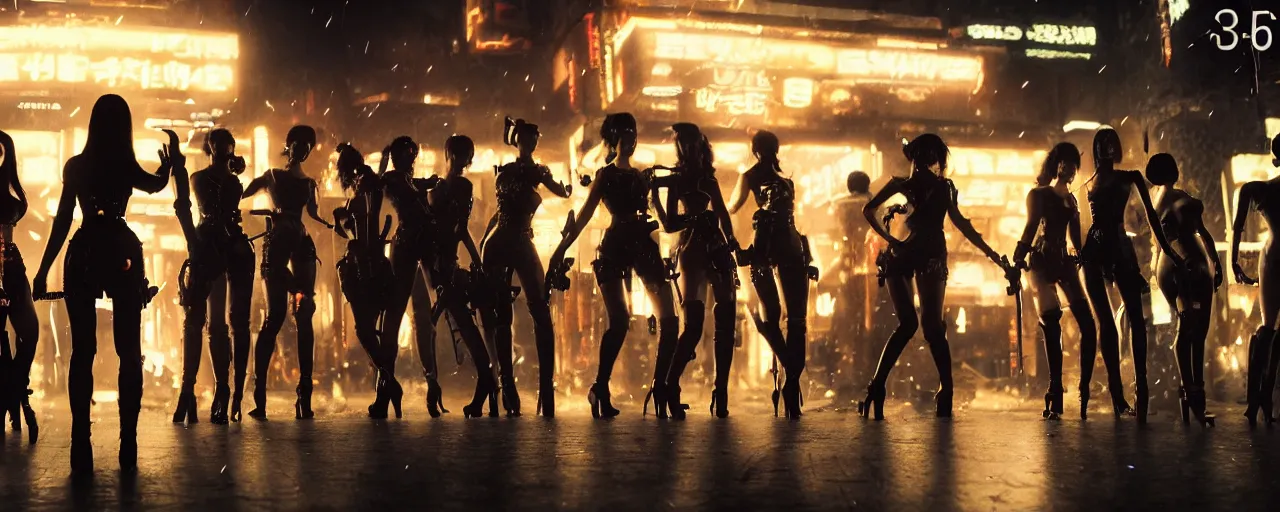 Image similar to epic highly detailed photo of gangs of girls fighting in cyberpunk night adult club, 3 5 mm, guns blasting, low angle, blade runner, akira, cinematic angle, cinematic lighting, reflections, action, battle
