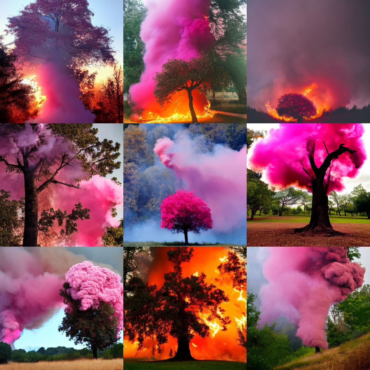 Prompt: tree surrounded by pink smoke and fire