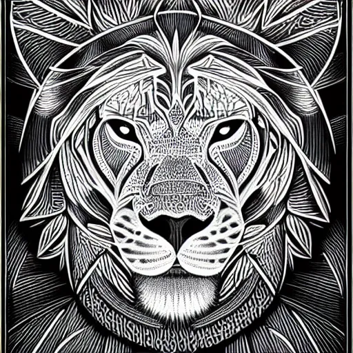 Prompt: a symmetrical portrait illustration of a lion hand drawn sketch on artstation 4 k intricate extremely detailed digital art by alex grey infinite wisdom sacred geometry