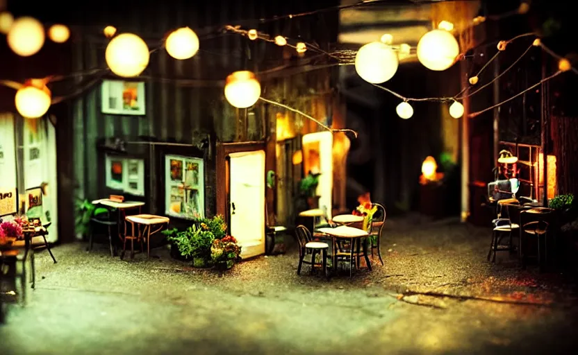 Image similar to mini cafe diorama macro photography, alleyway, ambient, atmospheric photograph, colorful string lights, romantic