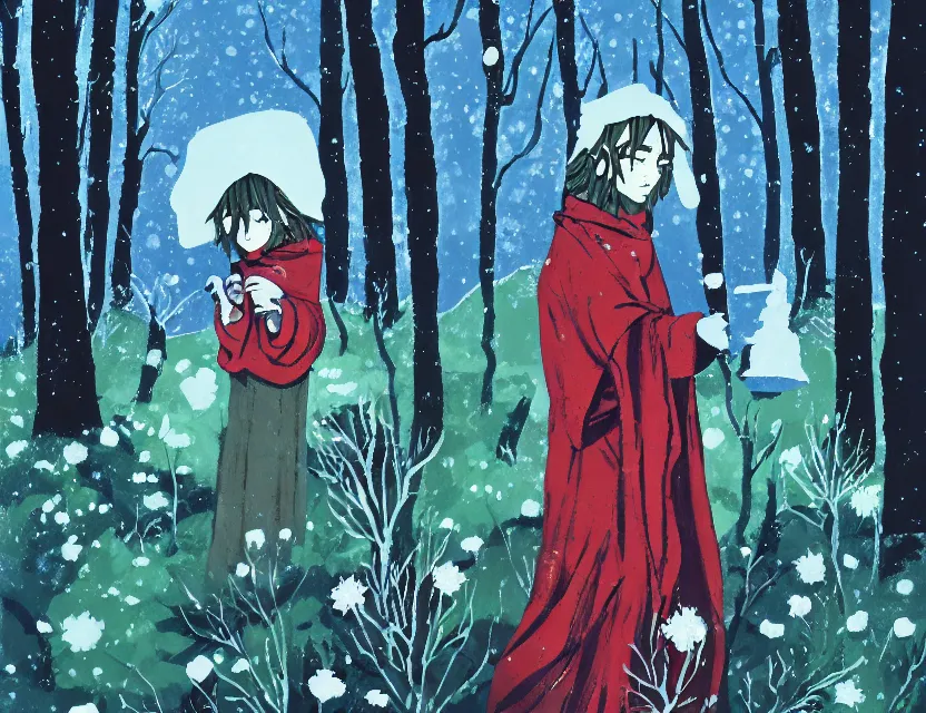 Image similar to flower priest of winter woods. gouache, limited palette with complementary colors, by award - winning mangaka, backlighting, bold composition, depth of field.