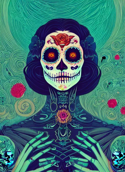 Prompt: dia de muertos portrait of death angel, artstation winner by victo ngai, kilian eng and by jake parker, by conrad roset, swirly vibrant color lines, winning award masterpiece, fantastically gaudy, aesthetic octane render, 8 k hd resolution