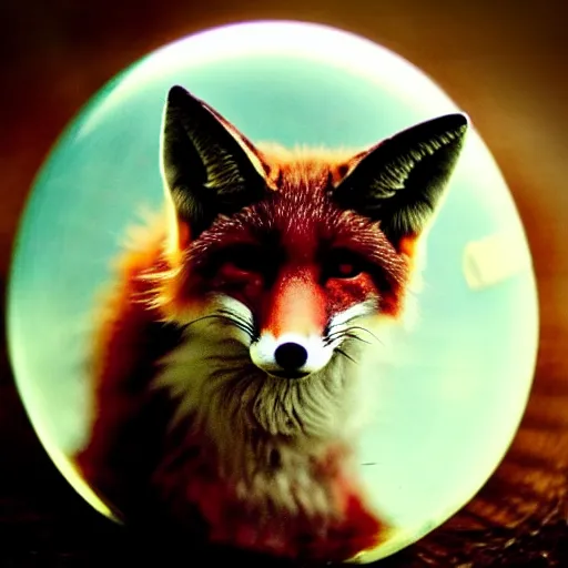 Prompt: anthropomorphous gypsy fox looking mesmerized into a magical crystal ball