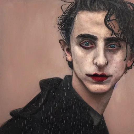 Prompt: cinematic portrait of timothee chalamet as the joker, perfect face, neon rain, moody, elegant, by alyssa monks, highly detailed, symmetrical face, fine details, masterpiece, trending on artstation