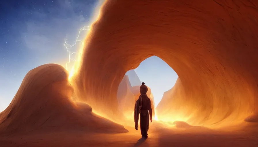 Prompt: a glowing magical portal inside a big wave made of sand fantasy desert, portal, a man watching over, lightning, by caspar david friedrich by james gilleard and justin gerard, artstation, smooth, sharp focus, by jean baptiste, octane render