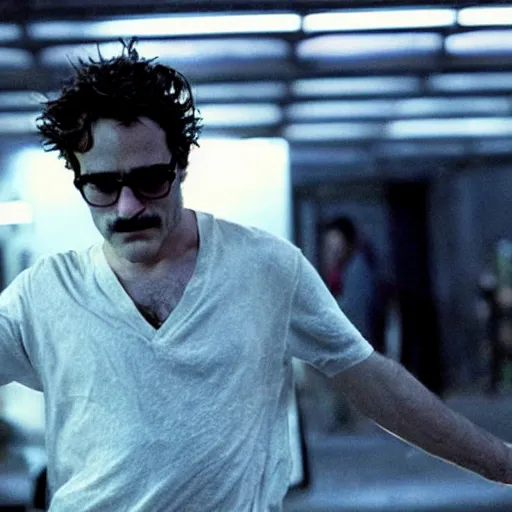 Prompt: joaquin phoenix in the street, in fight club film still cinematography by david fincher