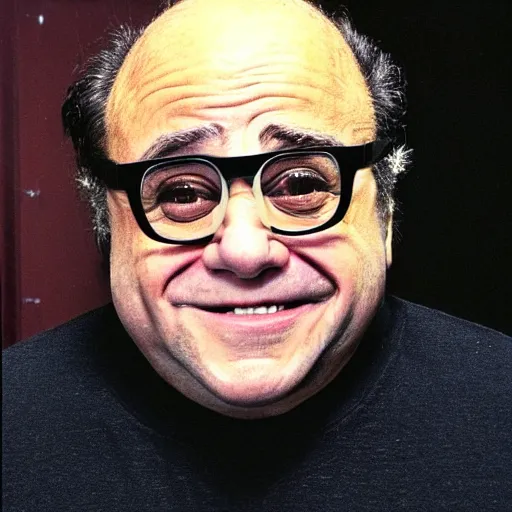 Image similar to danny devito staring at you from the other end of a dark corridor, the backrooms, kubric stare, scary, cinematic camera, hd