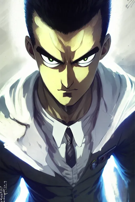 Image similar to gigachad luigi as one punch man in a suit with glowing eyes, fantasy character portrait, ultra realistic, full body concept art, intricate details, highly detailed by greg rutkowski, ilya kuvshinov, gaston bussiere, craig mullins, simon bisley