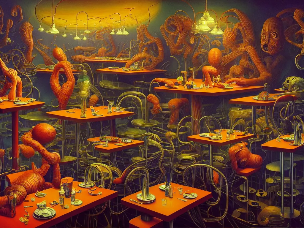 Image similar to hyper detailed 3d render like a Oil painting - diner at the end of the universe by Jacek Yerka, Mariusz Lewandowski, Houdini algorithmic generative render, Abstract brush strokes, Masterpiece, Edward Hopper and James Gilleard, Zdzislaw Beksinski, Mark Ryden, Wolfgang Lettl, hints of Yayoi Kasuma, octane render, 8k