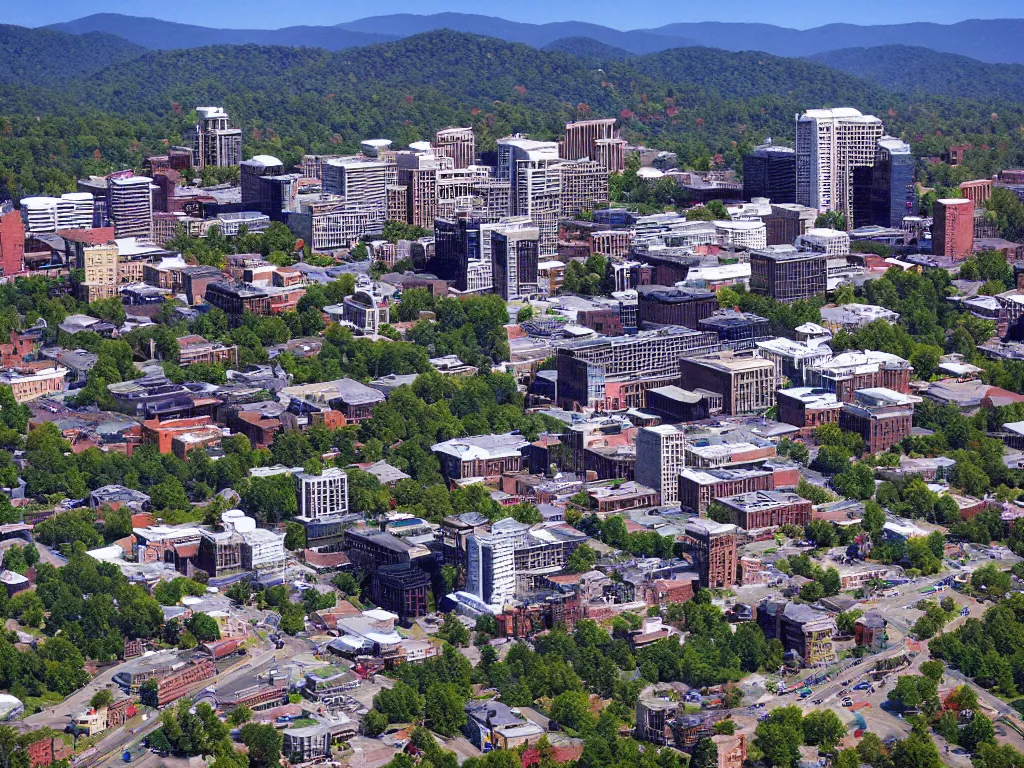 Image similar to “ aerial image of downtown asheville nc in the style of sim city 2 0 0 0 ”