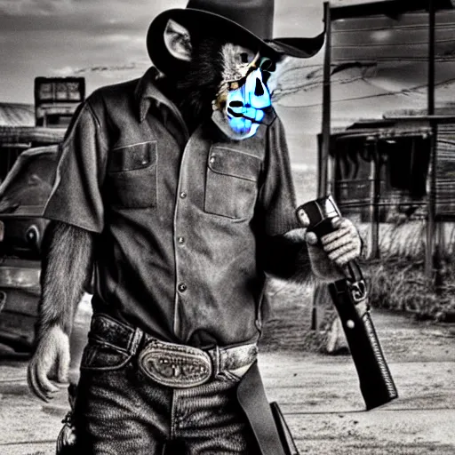 Image similar to realistic photo, a monkey holding a gun dressed as a cowboy, post apocalyptic city, award winning photograph, photograph 5 5 mm